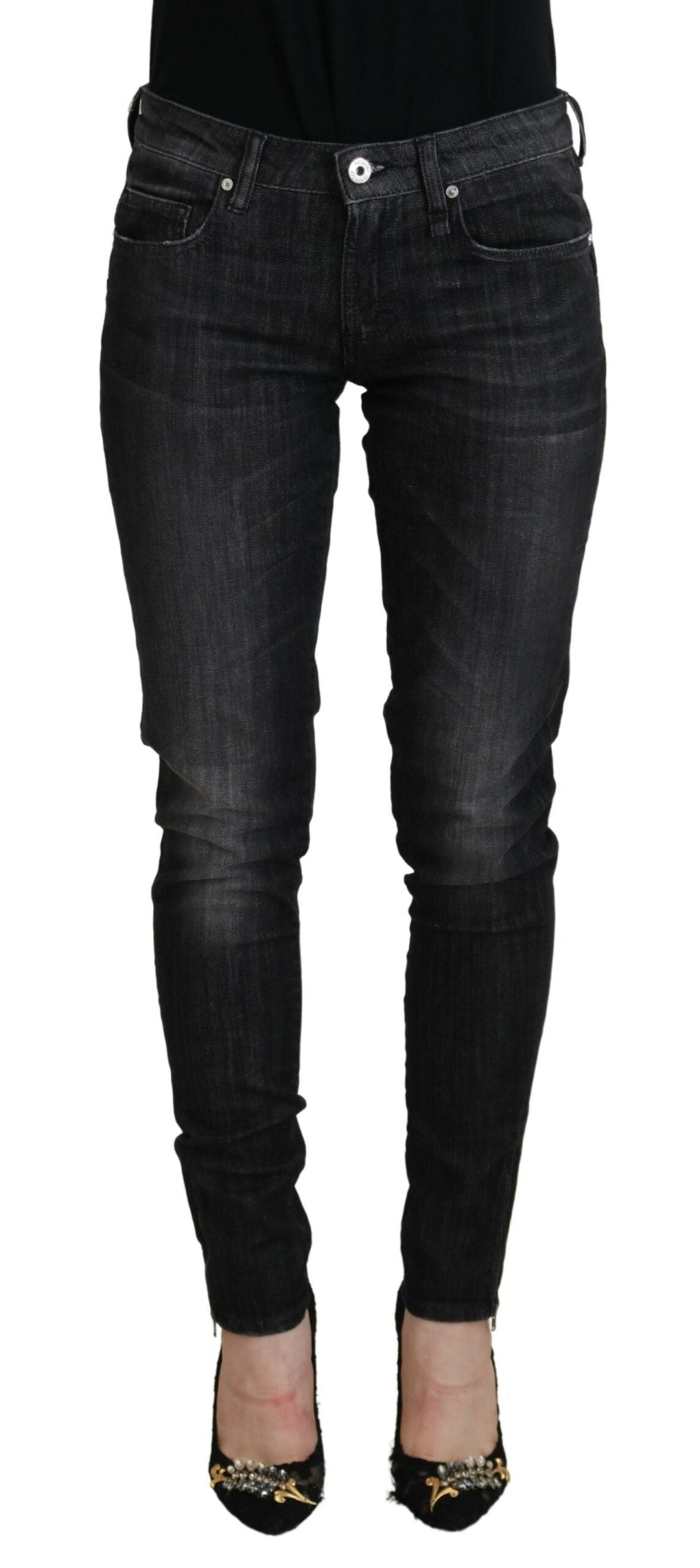 Schwarz Baumwolle Niedrige Taille Skinny Frauen Casual Jeans