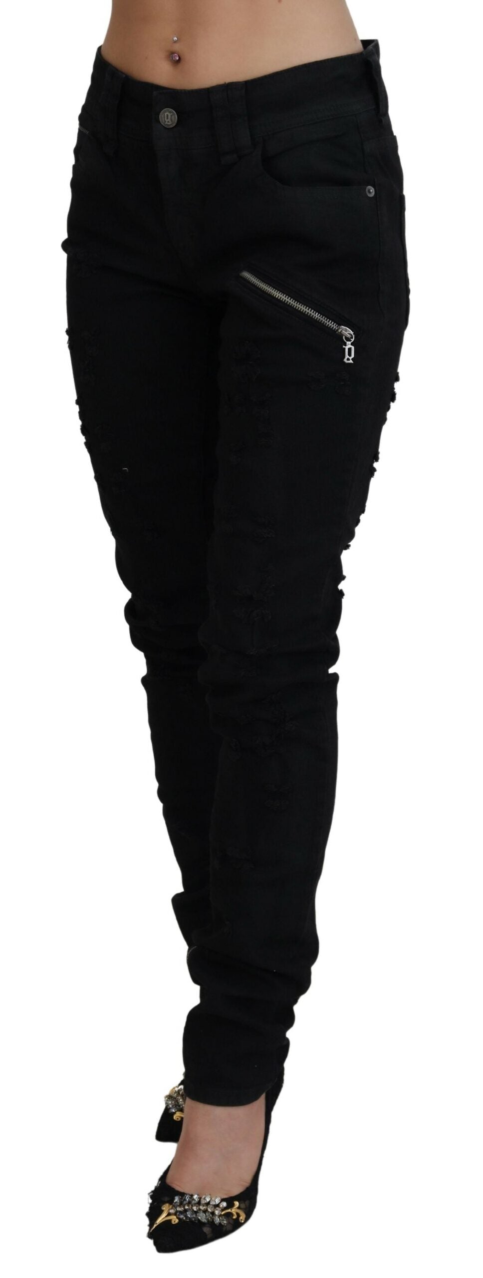 Schwarze Baumwolle Mid Waist Skinny Slim Fit Denim Jeans