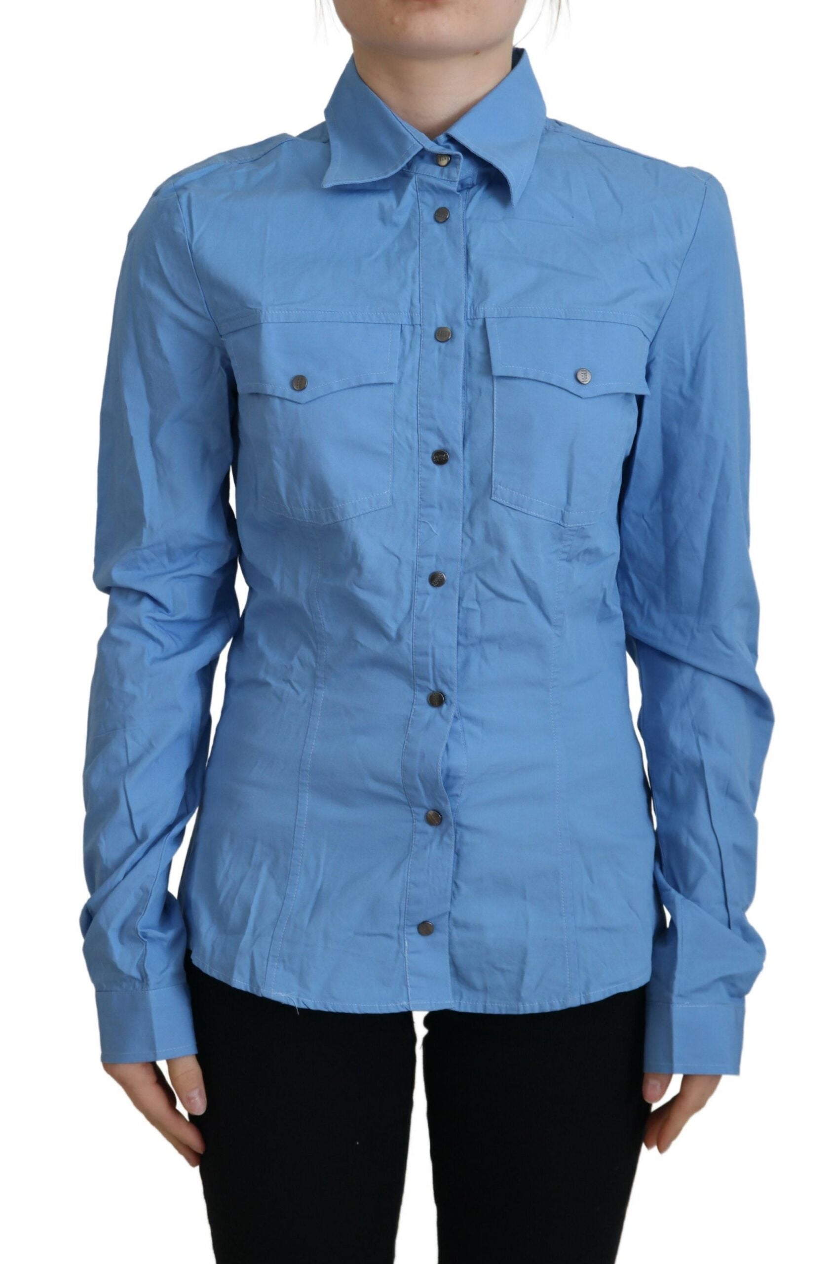 Elegant long-sleeved polo shirt made of blue cotton