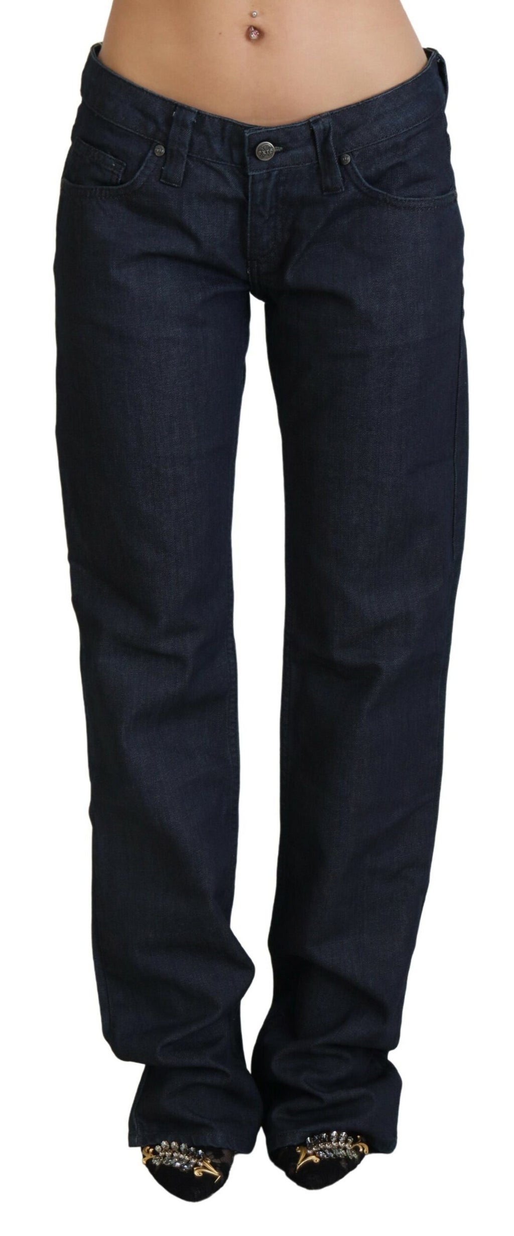 Chic dark blue jeans with low waist and straight cut