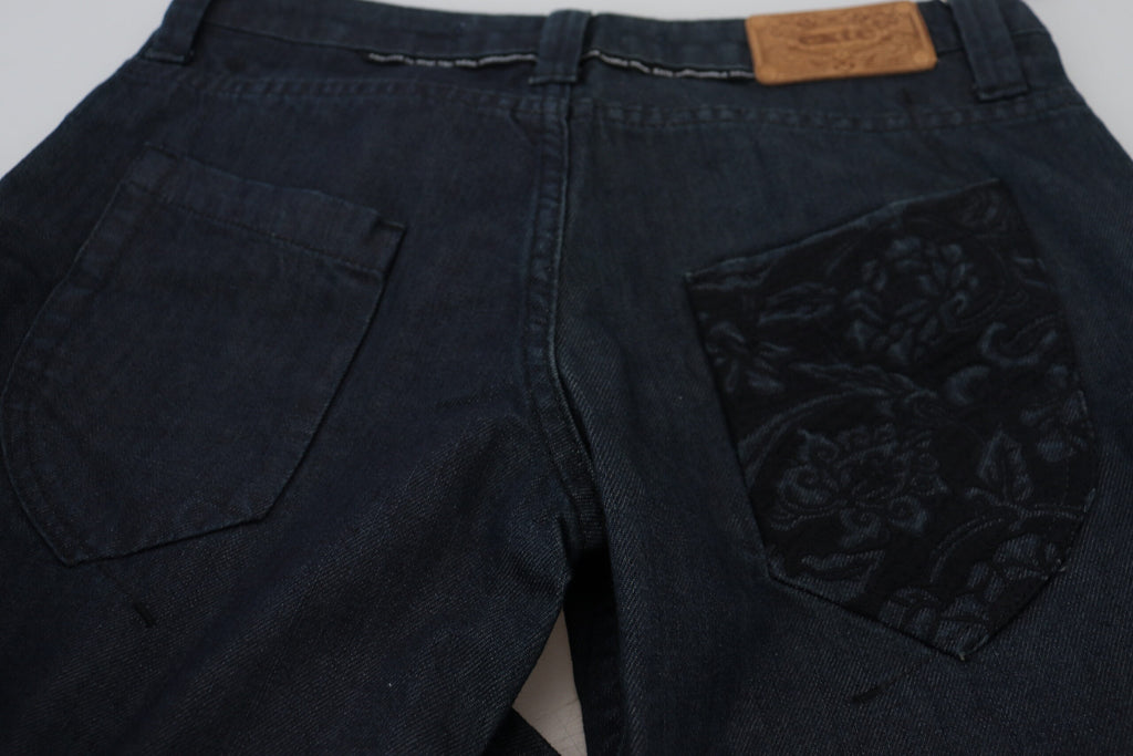Chic dark blue jeans with low waist and straight cut