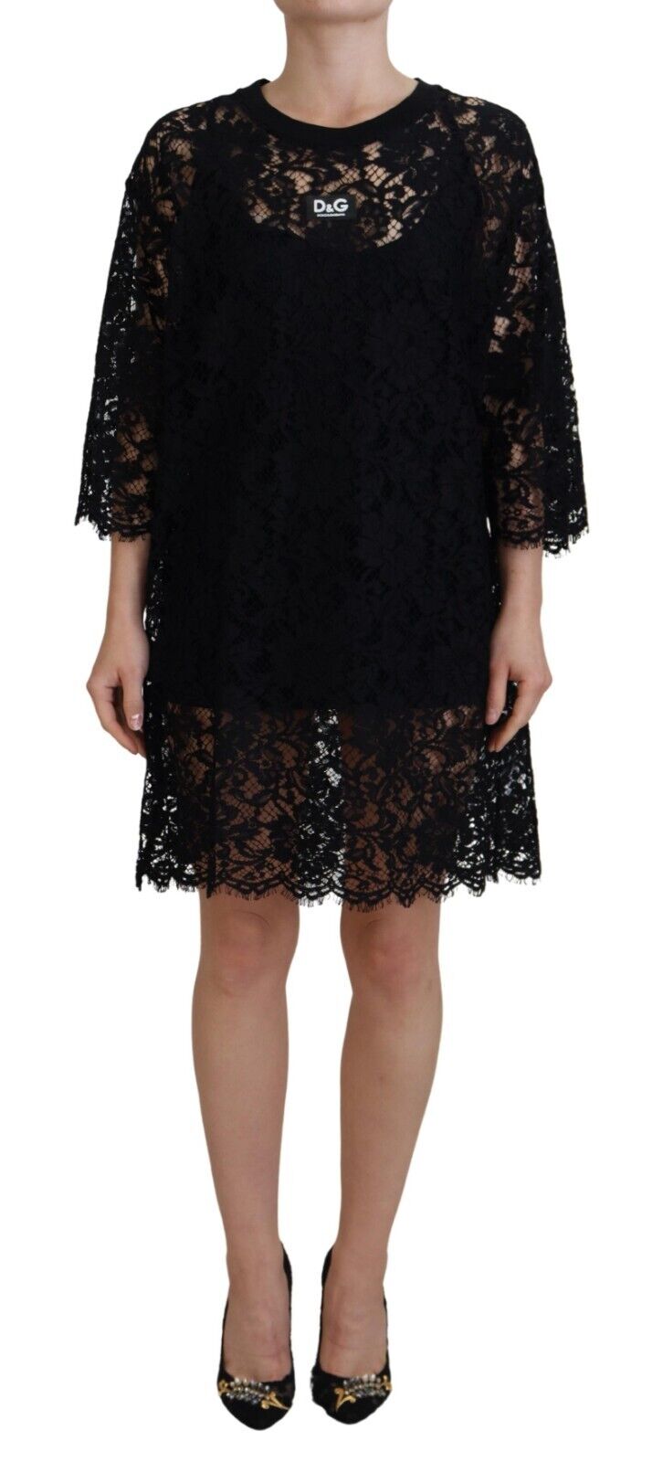 Schwarzes Shift-Minikleid aus Baumwolle mit floraler Spitze