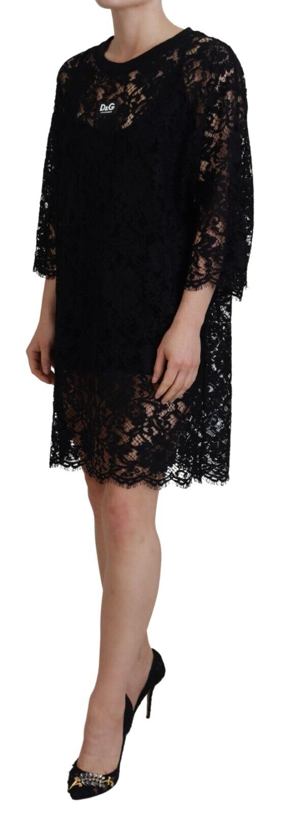 Schwarzes Shift-Minikleid aus Baumwolle mit floraler Spitze