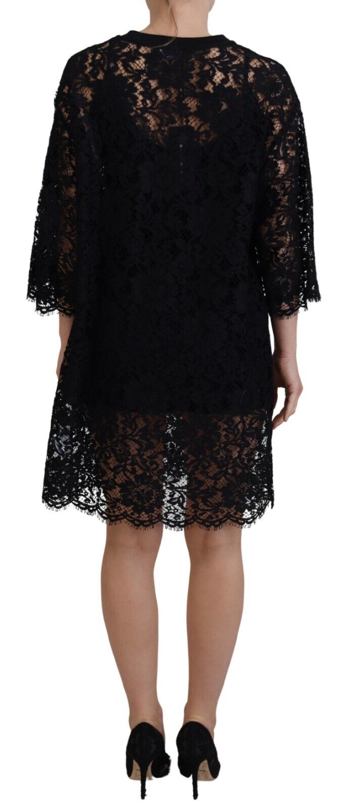 Schwarzes Shift-Minikleid aus Baumwolle mit floraler Spitze