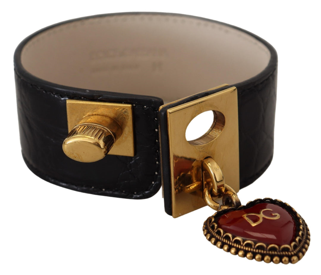 Dolce & Gabbana Elegantes schwarzes Lederarmband mit goldenen Details