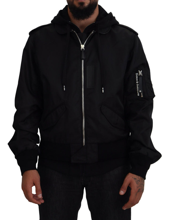 Schwarzes Nylon mit Kapuze und durchgehendem Reißverschluss Männer Mantel Jacke