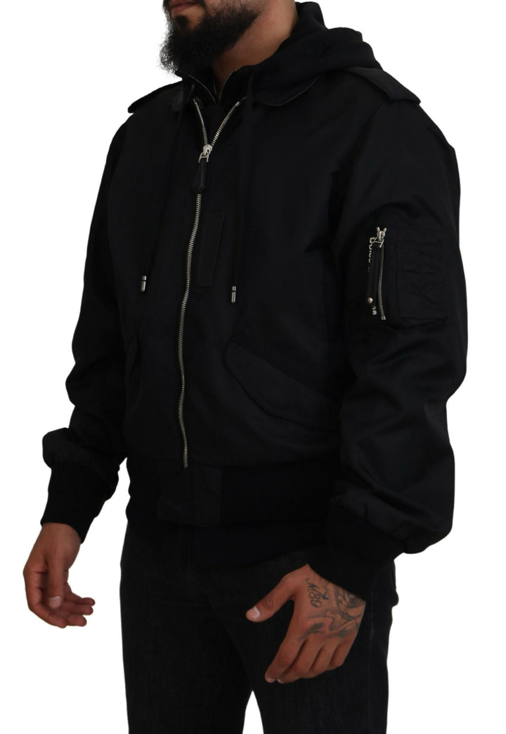 Schwarzes Nylon mit Kapuze und durchgehendem Reißverschluss Männer Mantel Jacke