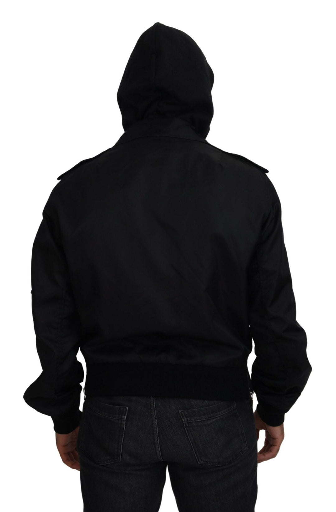 Schwarzes Nylon mit Kapuze und durchgehendem Reißverschluss Männer Mantel Jacke