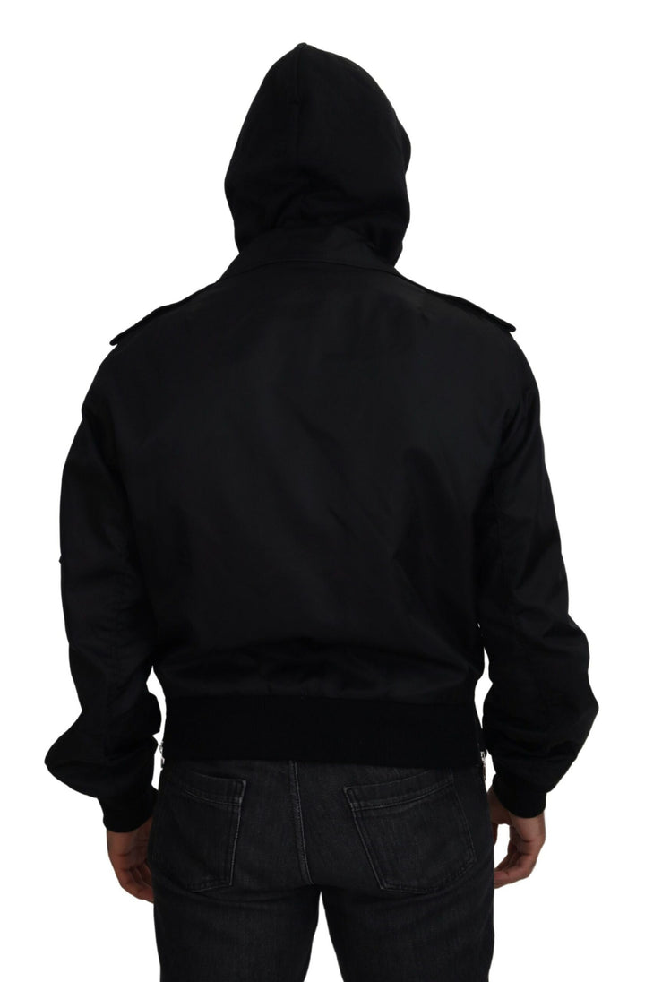 Schwarzes Nylon mit Kapuze und durchgehendem Reißverschluss Männer Mantel Jacke