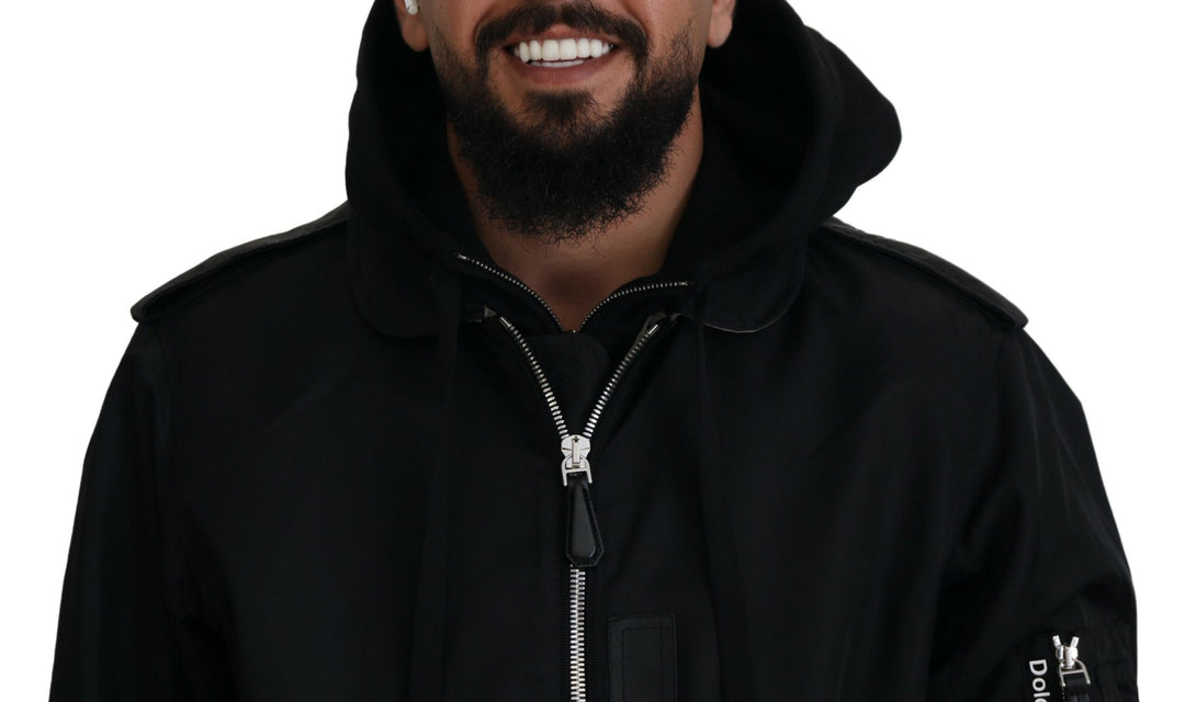 Schwarzes Nylon mit Kapuze und durchgehendem Reißverschluss Männer Mantel Jacke