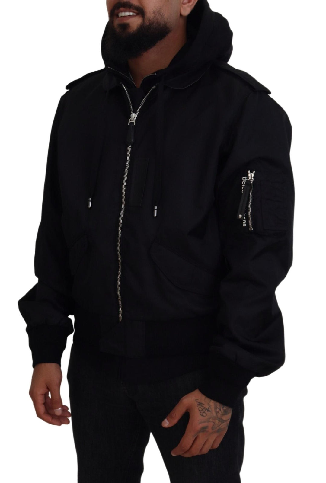 Schwarzes Nylon mit Kapuze und durchgehendem Reißverschluss Männer Mantel Jacke