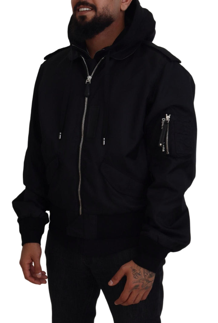 Schwarzes Nylon mit Kapuze und durchgehendem Reißverschluss Männer Mantel Jacke