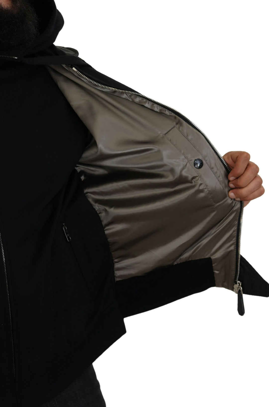 Schwarzes Nylon mit Kapuze und durchgehendem Reißverschluss Männer Mantel Jacke