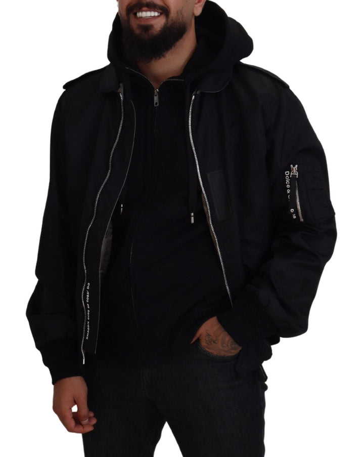 Schwarzes Nylon mit Kapuze und durchgehendem Reißverschluss Männer Mantel Jacke