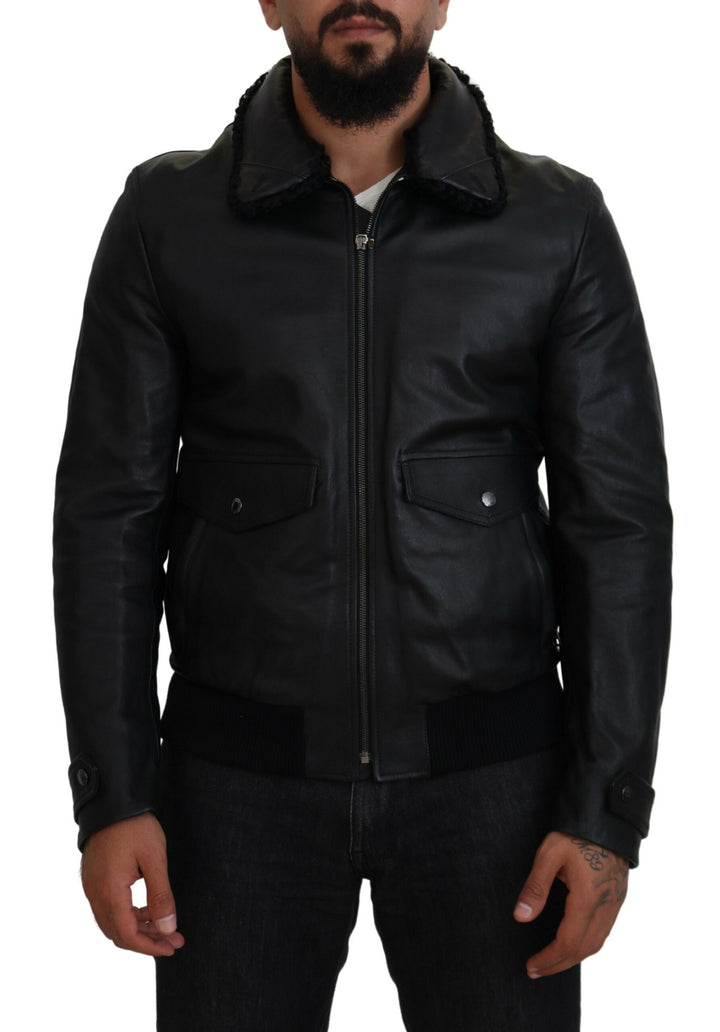 Schwarzes Lammleder mit Kragen Herrenmantel Jacke