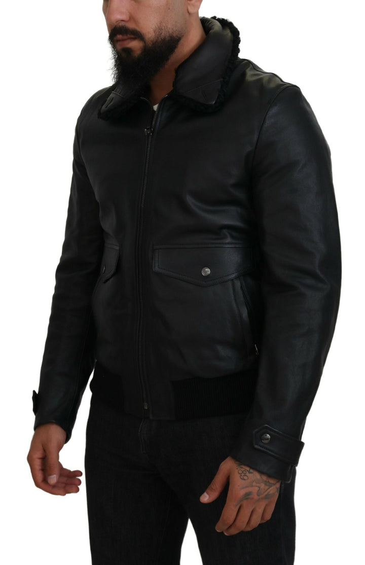 Schwarzes Lammleder mit Kragen Herrenmantel Jacke
