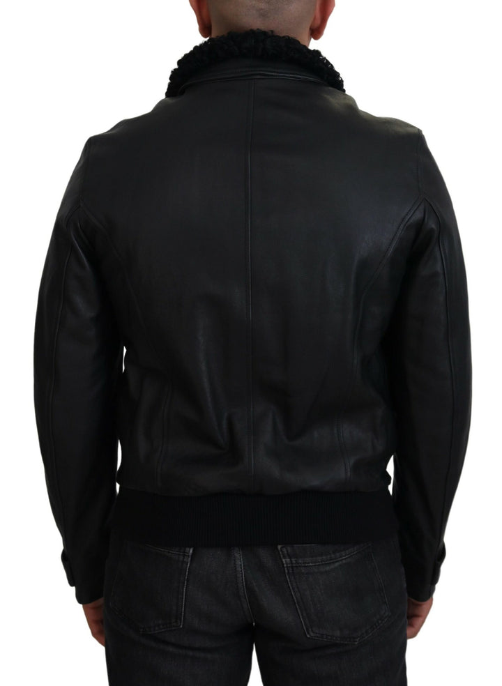 Schwarzes Lammleder mit Kragen Herrenmantel Jacke