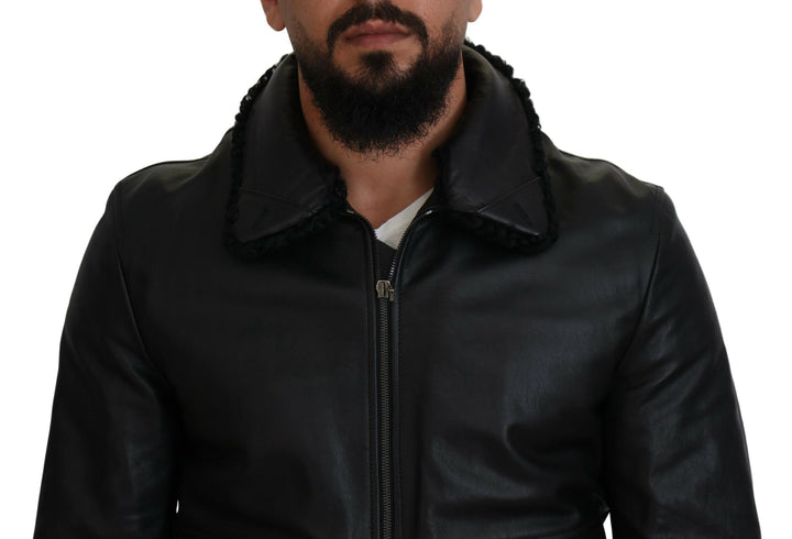 Schwarzes Lammleder mit Kragen Herrenmantel Jacke