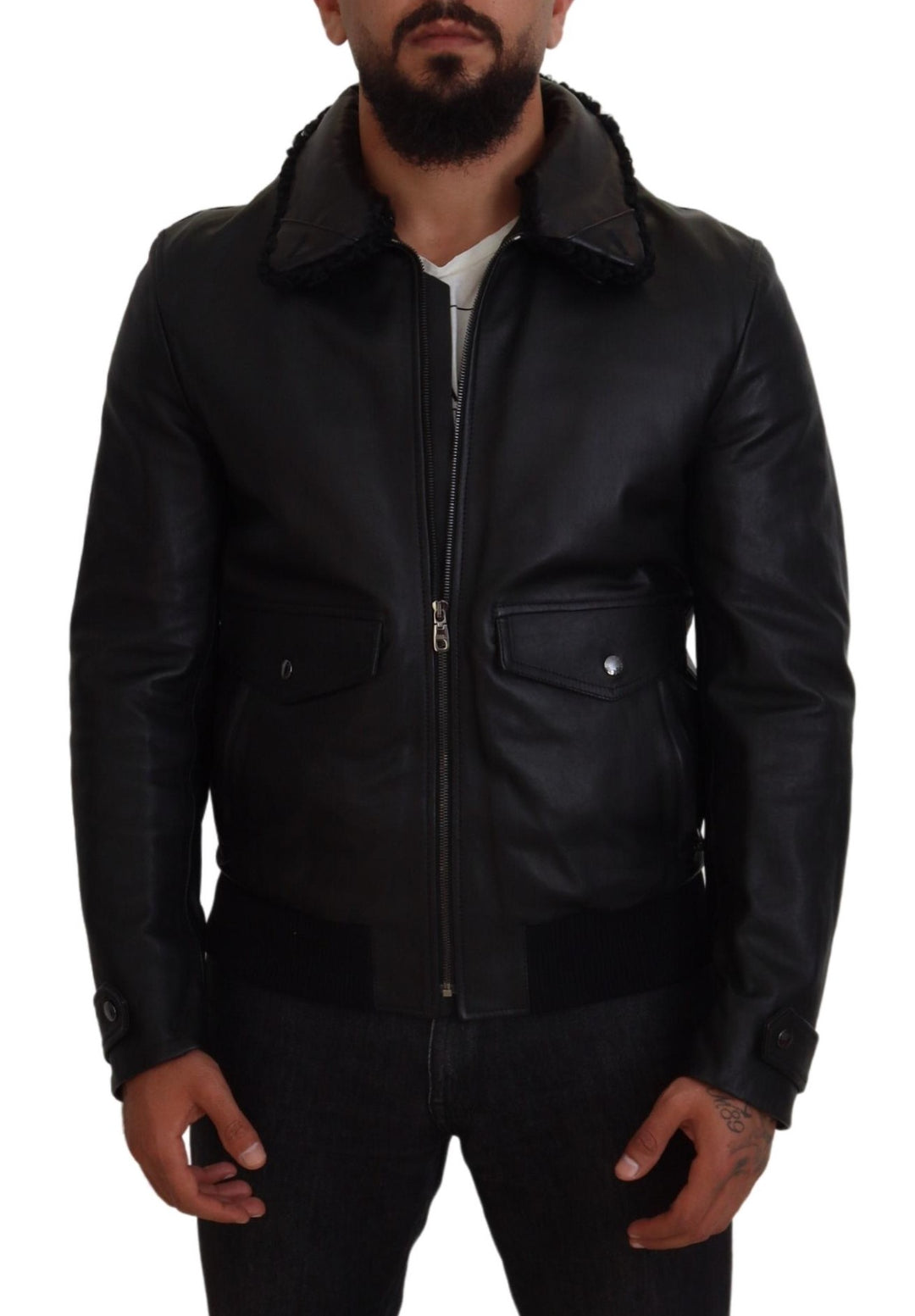 Schwarzes Lammleder mit Kragen Herrenmantel Jacke