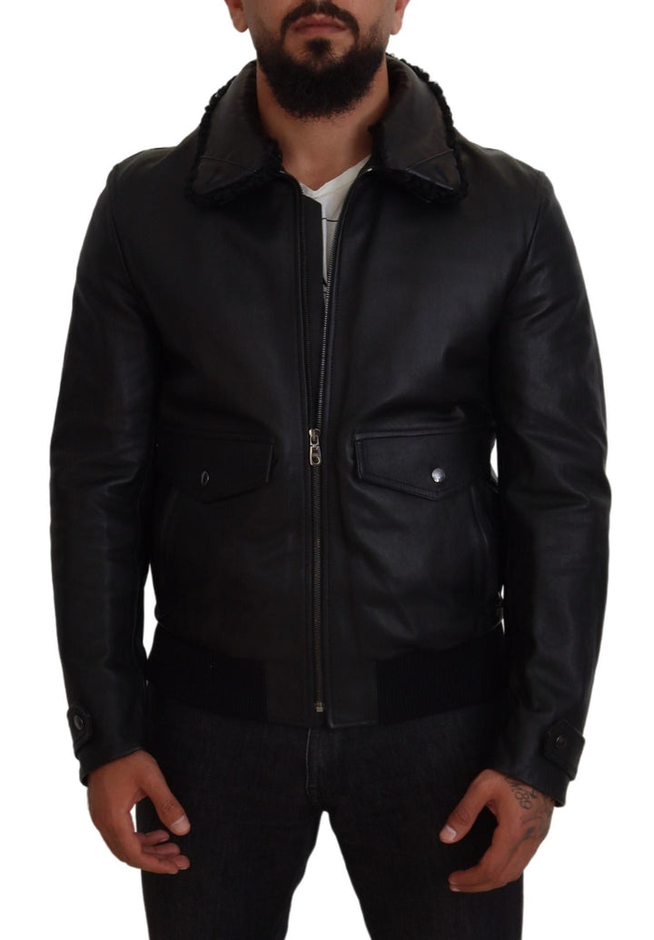 Schwarzes Lammleder mit Kragen Herrenmantel Jacke
