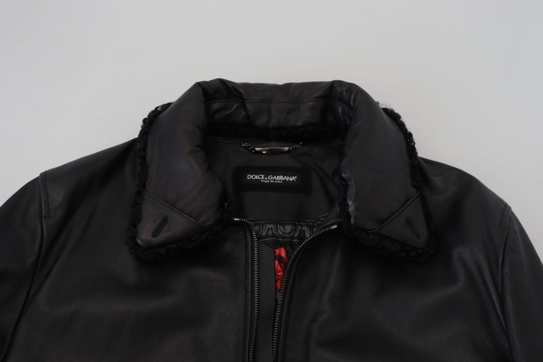 Schwarzes Lammleder mit Kragen Herrenmantel Jacke