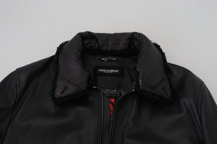 Schwarzes Lammleder mit Kragen Herrenmantel Jacke