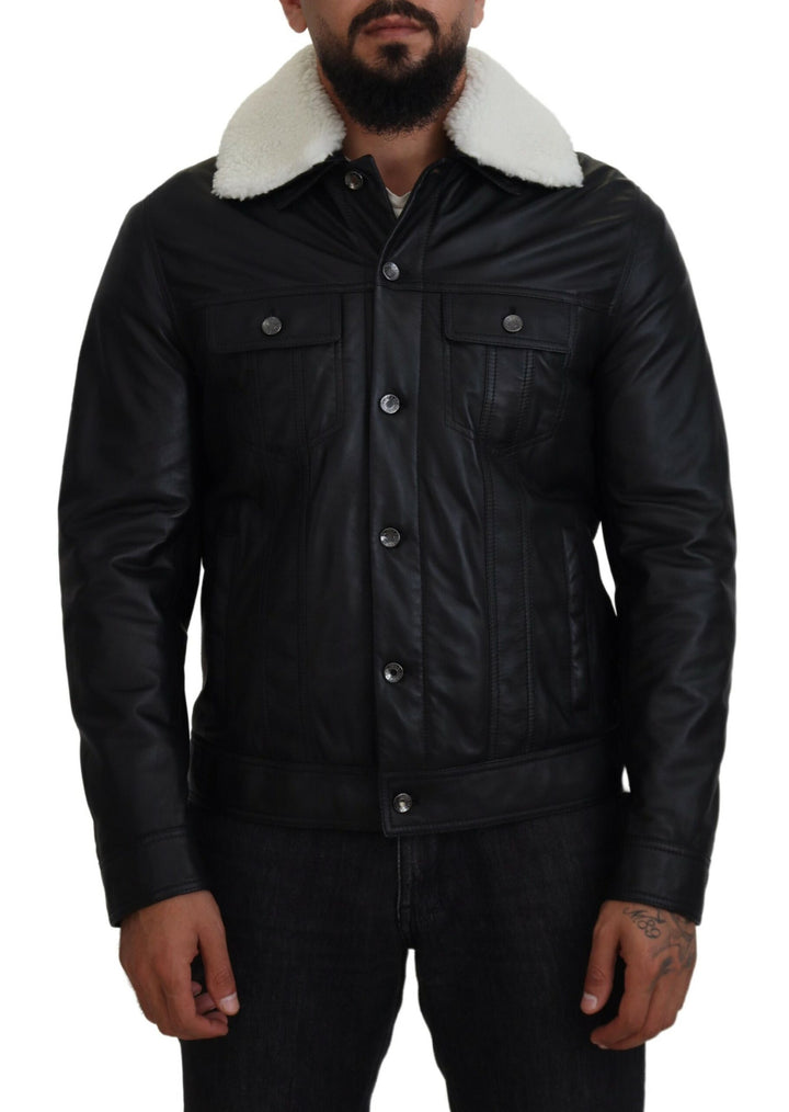 Schwarzes Lammleder mit Kragen Herrenmantel Jacke