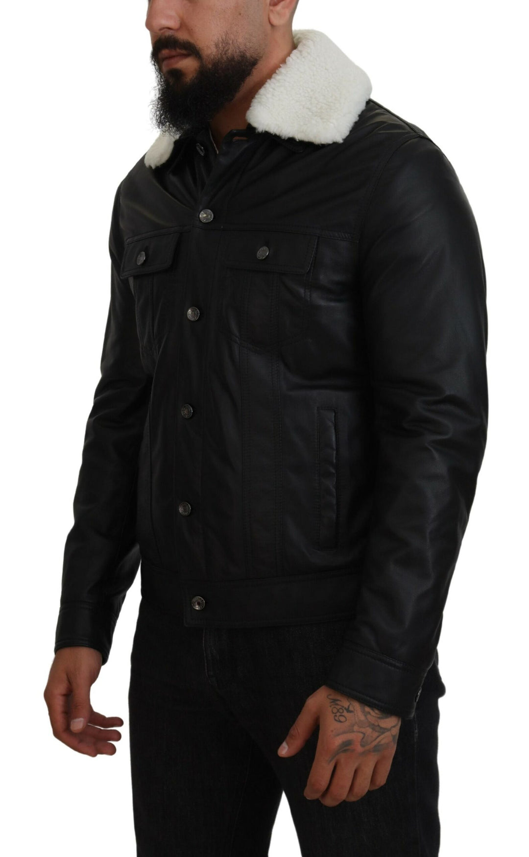 Schwarzes Lammleder mit Kragen Herrenmantel Jacke