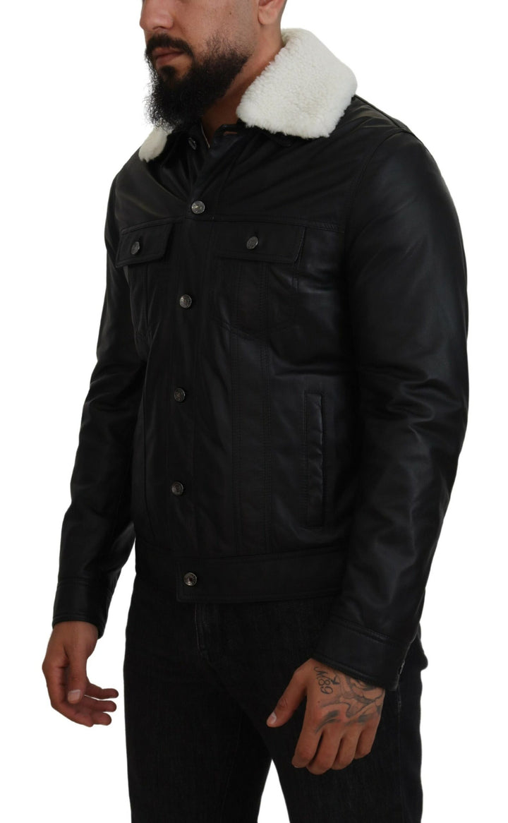 Schwarzes Lammleder mit Kragen Herrenmantel Jacke