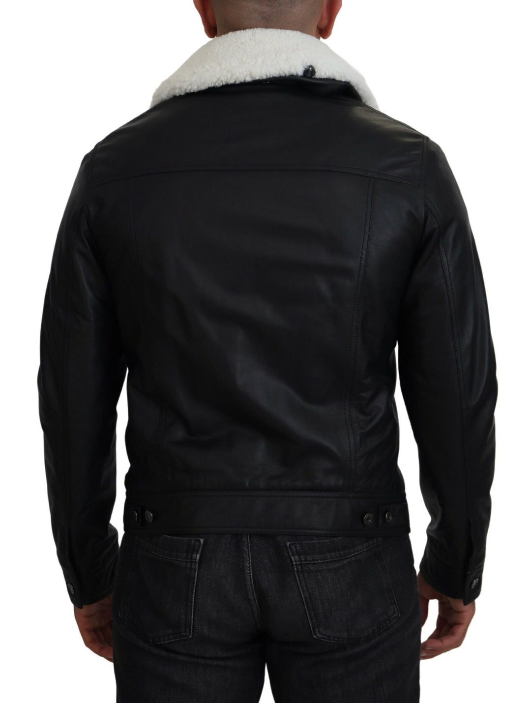 Schwarzes Lammleder mit Kragen Herrenmantel Jacke