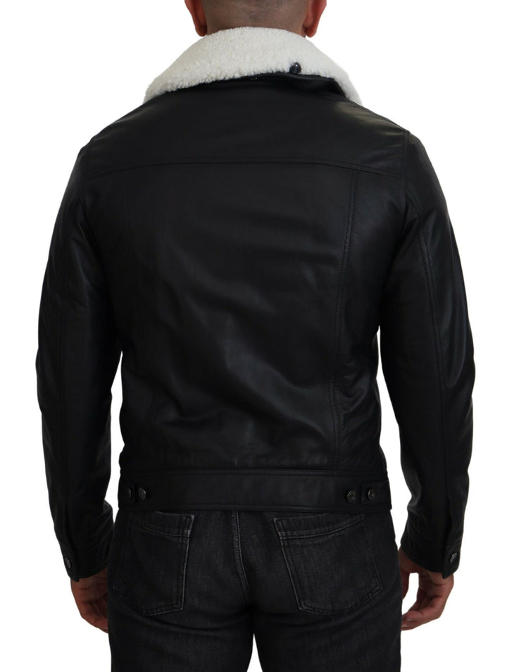 Schwarzes Lammleder mit Kragen Herrenmantel Jacke
