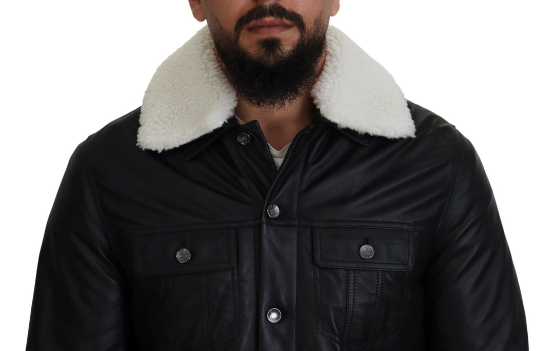 Schwarzes Lammleder mit Kragen Herrenmantel Jacke