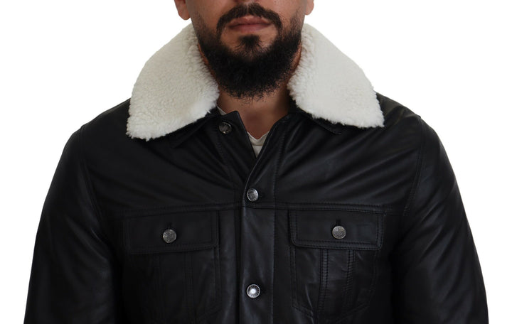 Schwarzes Lammleder mit Kragen Herrenmantel Jacke