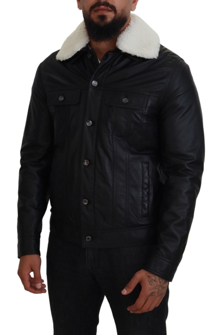 Schwarzes Lammleder mit Kragen Herrenmantel Jacke
