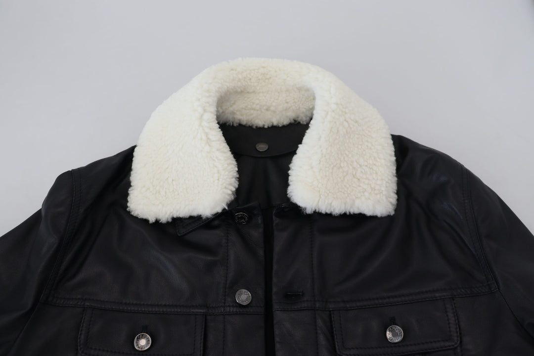 Schwarzes Lammleder mit Kragen Herrenmantel Jacke