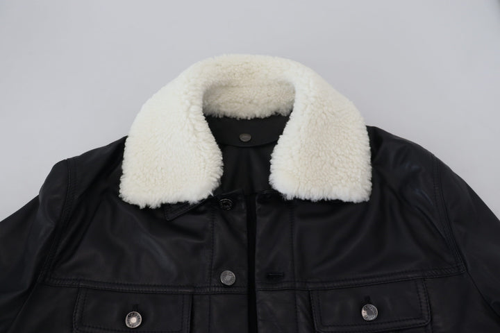 Schwarzes Lammleder mit Kragen Herrenmantel Jacke