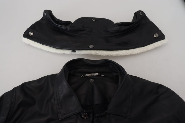 Schwarzes Lammleder mit Kragen Herrenmantel Jacke