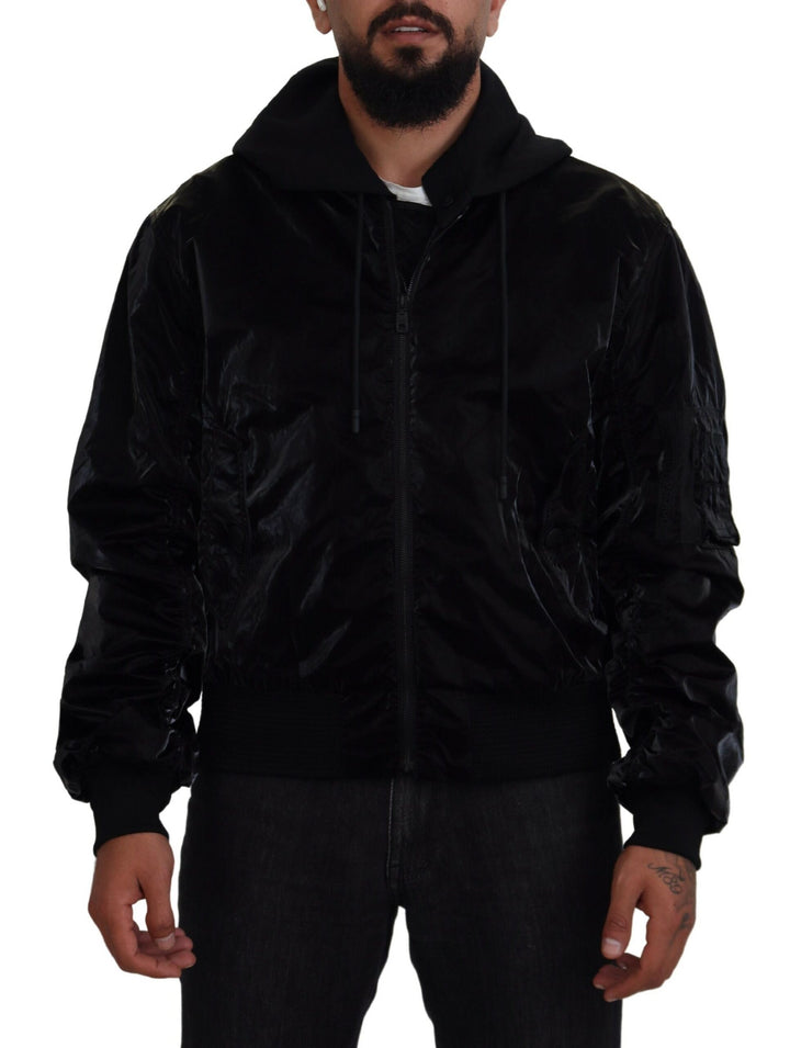Elegant black bomber jacket with hood