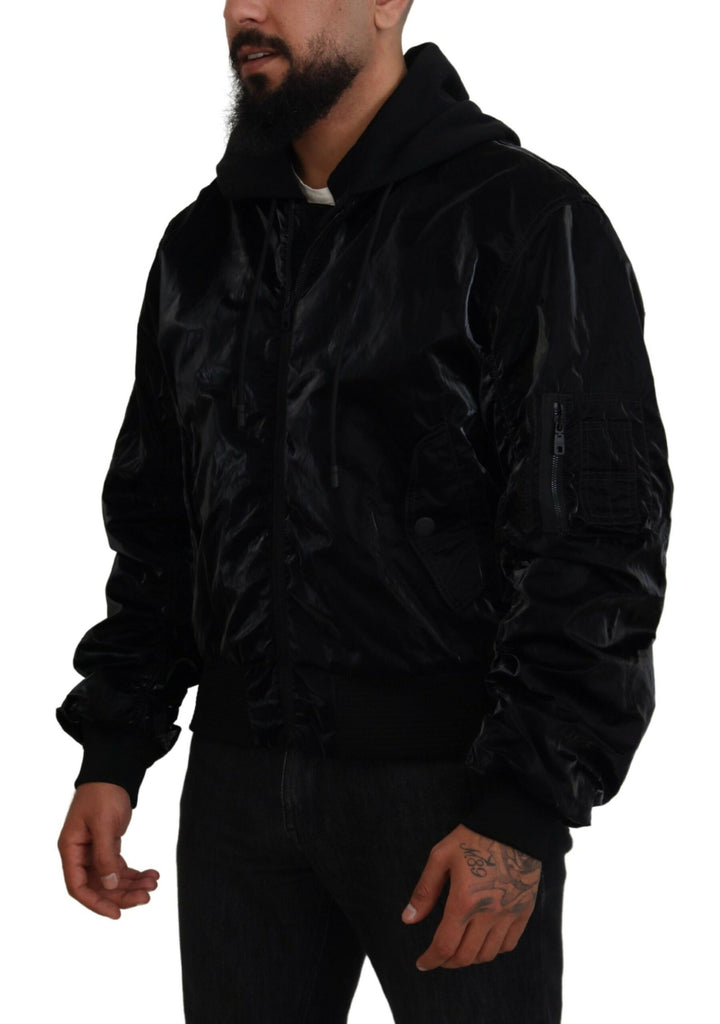 Elegant black bomber jacket with hood
