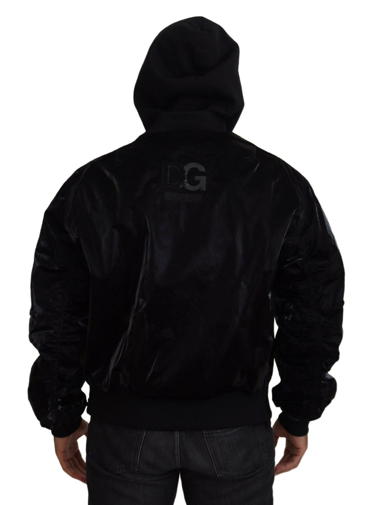 Elegant black bomber jacket with hood
