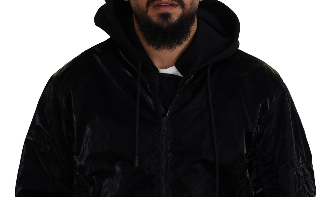 Elegant black bomber jacket with hood