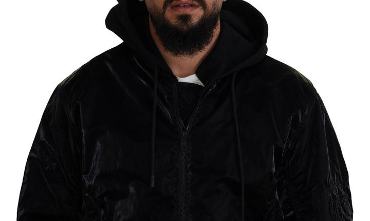Elegant black bomber jacket with hood