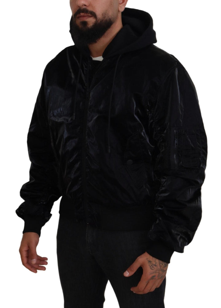 Elegant black bomber jacket with hood