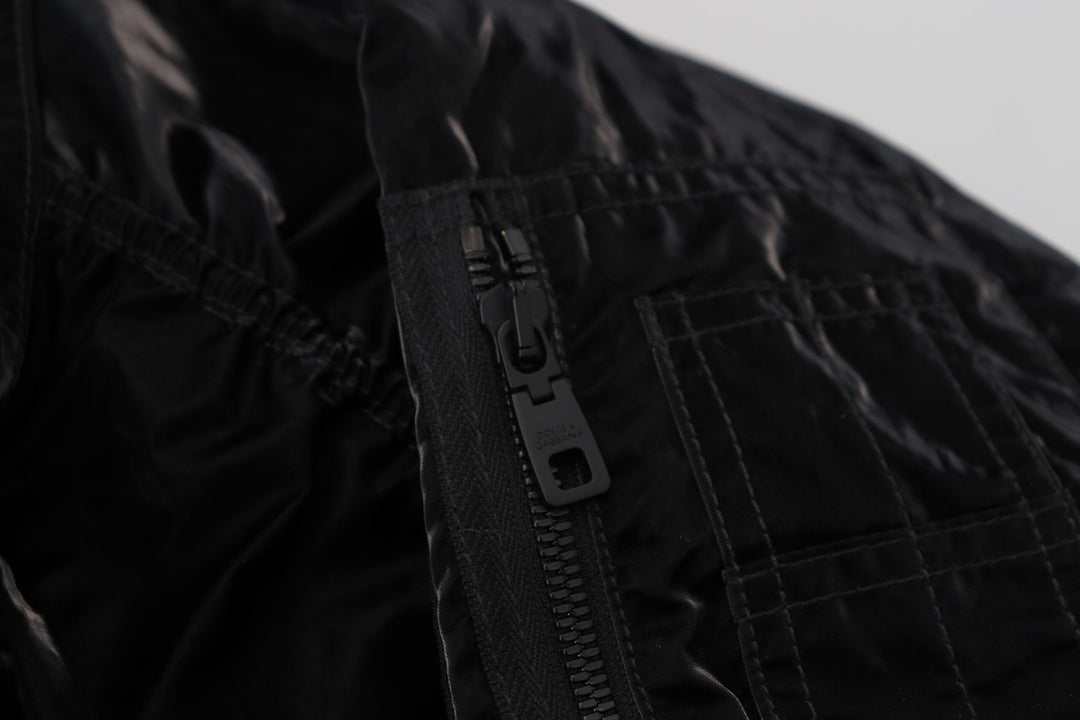 Elegant black bomber jacket with hood