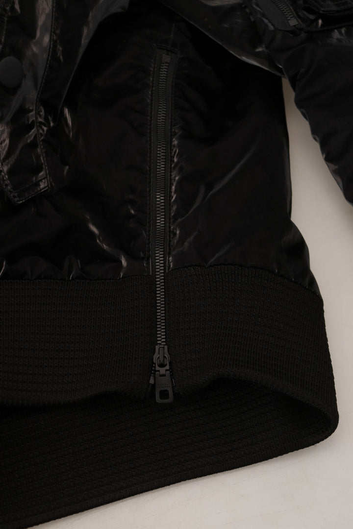 Elegant black bomber jacket with hood
