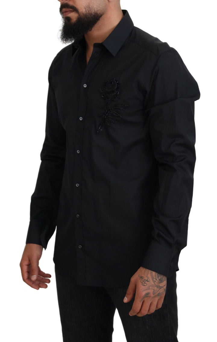 Schwarzes Rosen Slim Fit Baumwollhemd
