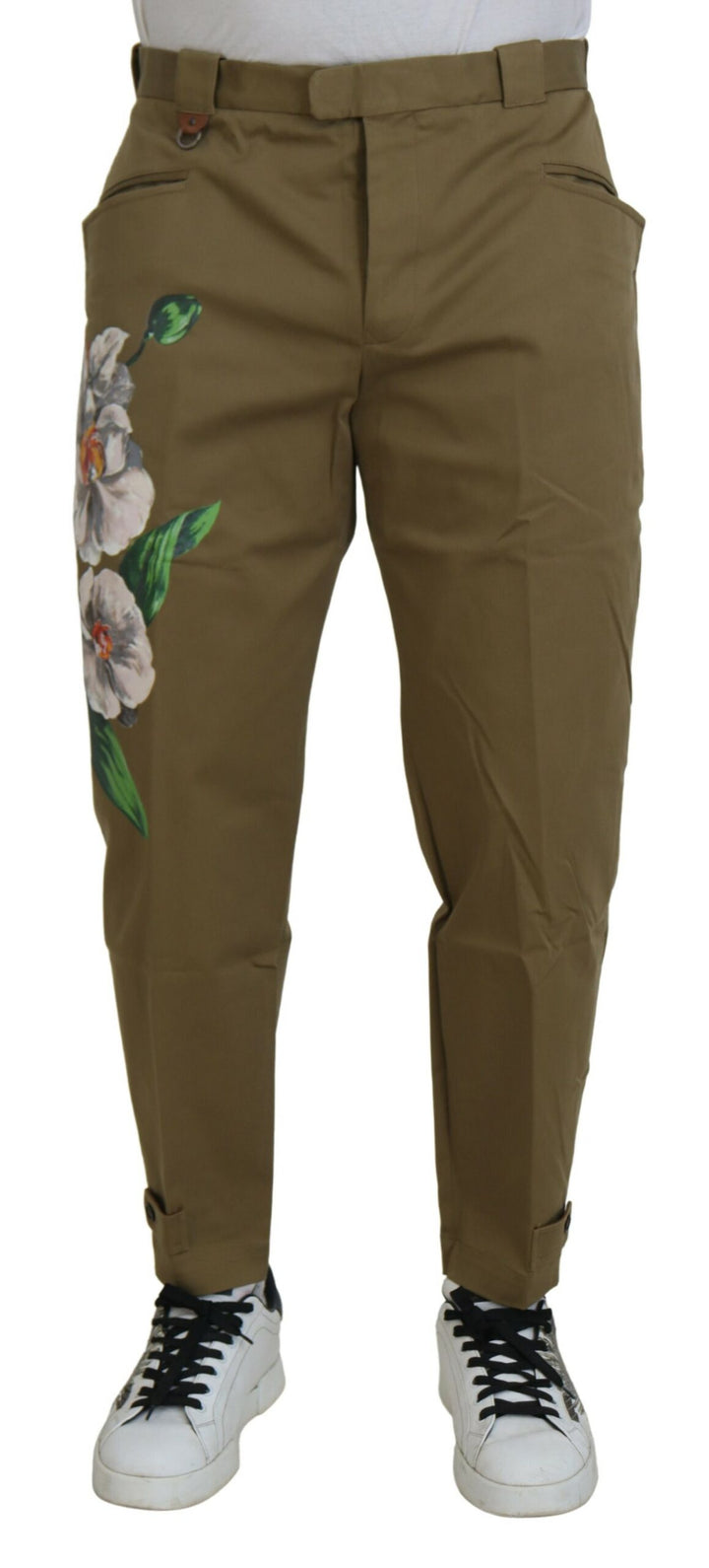 Beigefarbene Stretch-Chinohose aus Baumwolle mit Blumenmuster