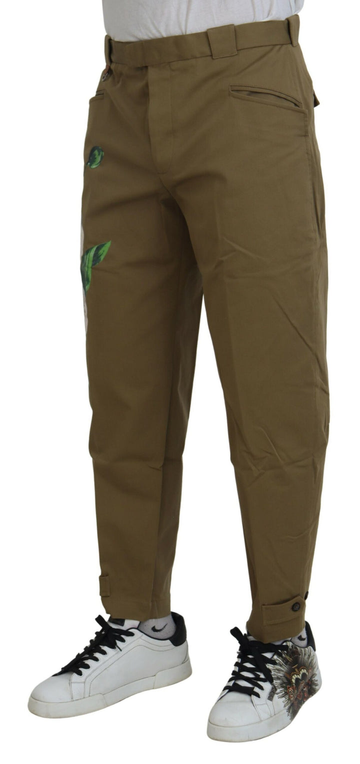 Beigefarbene Stretch-Chinohose aus Baumwolle mit Blumenmuster