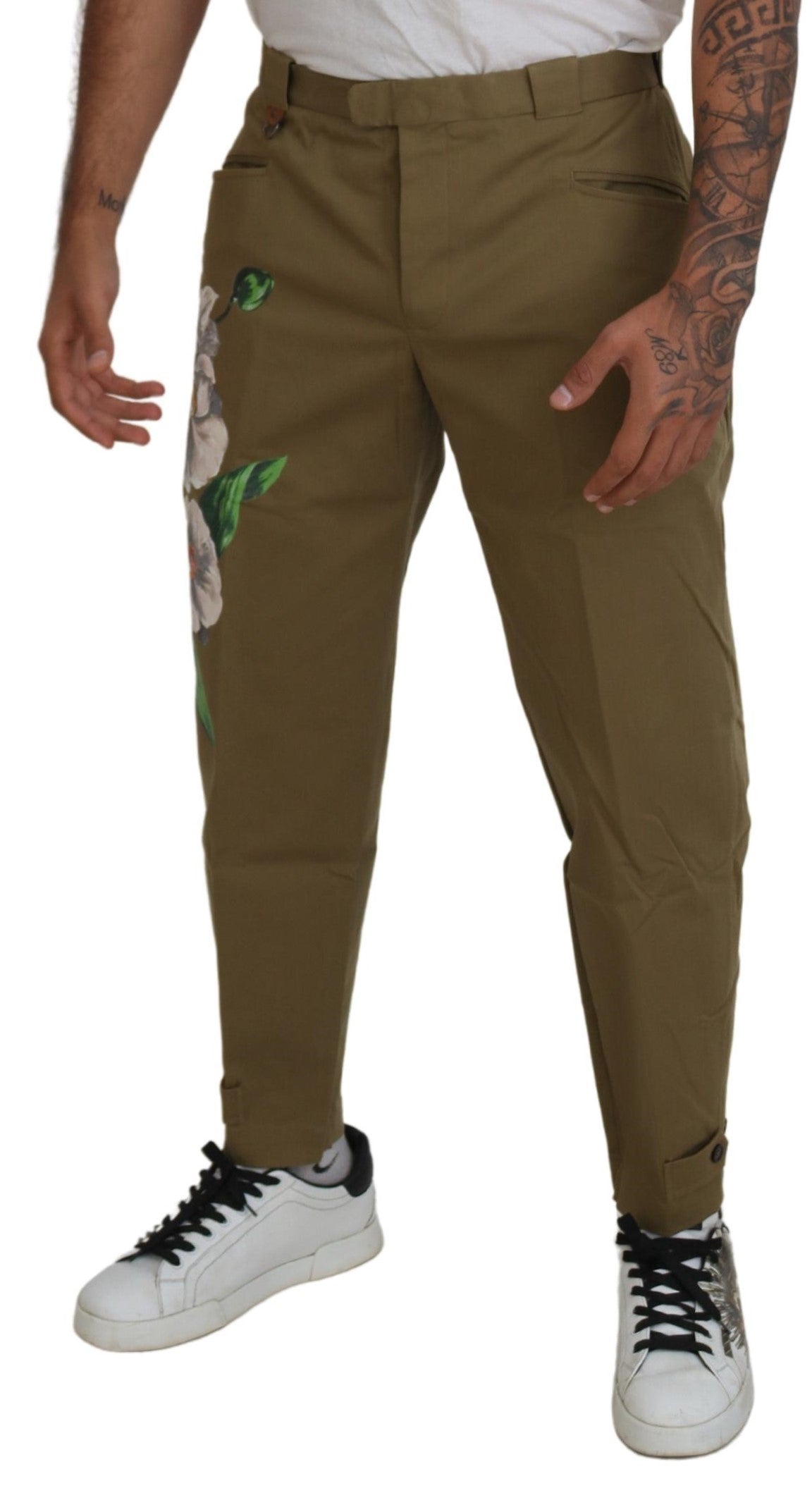 Exquisite chino trousers with floral pattern in beige