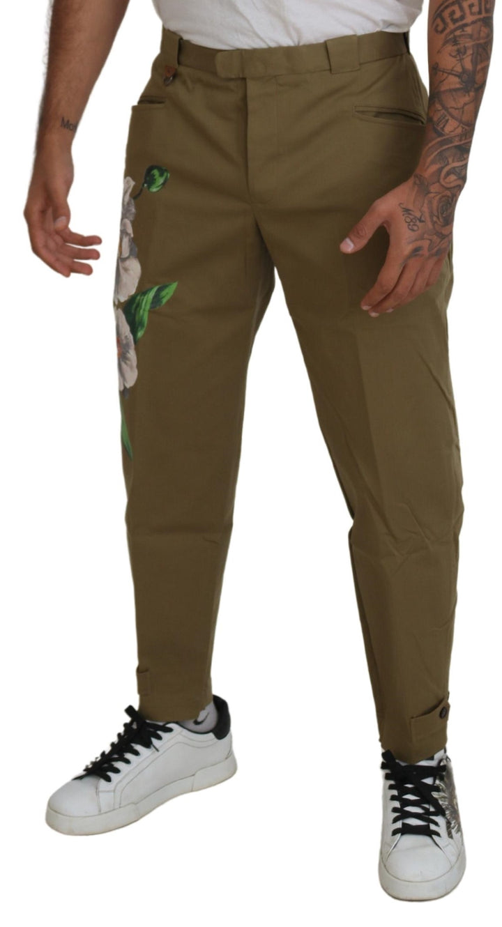 Beigefarbene Stretch-Chinohose aus Baumwolle mit Blumenmuster